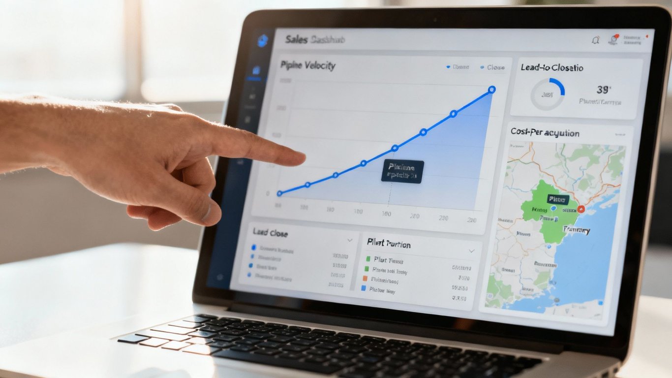 Close-up of a hand pointing to a rising pipeline velocity graph on a sales dashboard.
