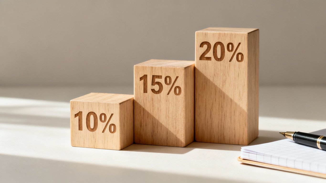 Three ascending wooden blocks display 10%, 15%, 20%, symbolizing progressive growth or commission tiers.