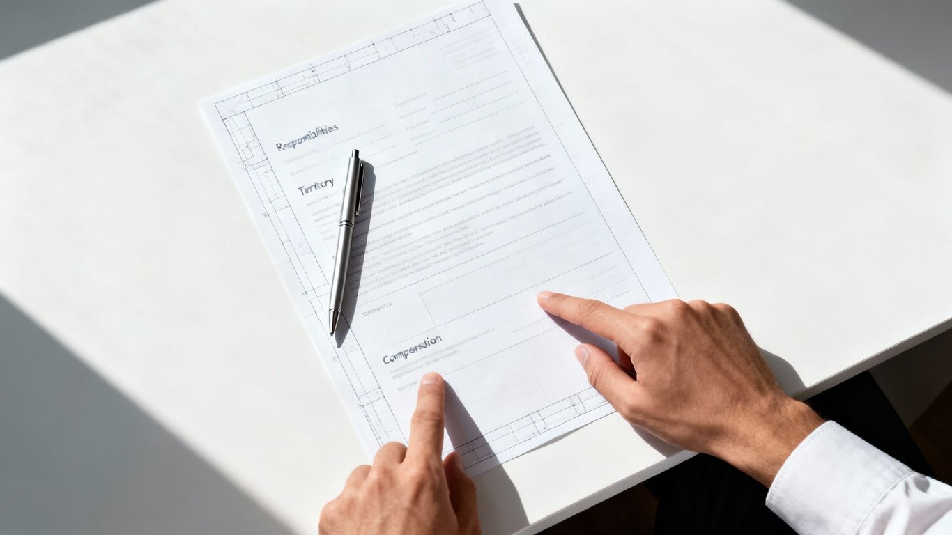 Person's hands review a contract document with sections on responsibilities, territory, and compensation.