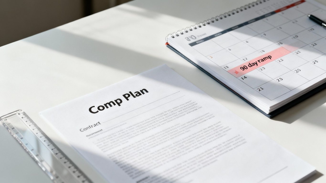 A compensation plan document, calendar with '90 day ramp' highlighted, and a ruler on a white desk.