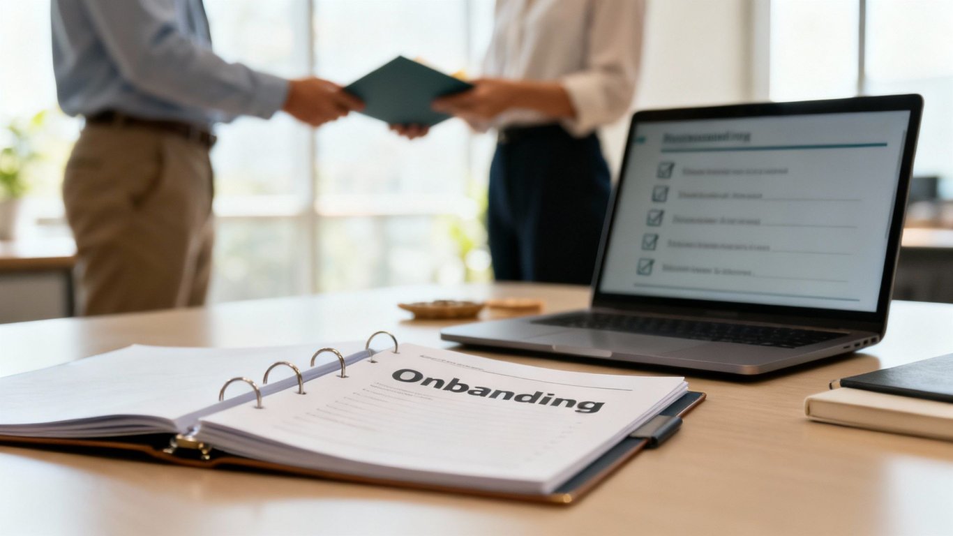 Onboarding binder and laptop on a desk, with two blurred people exchanging documents in the background.