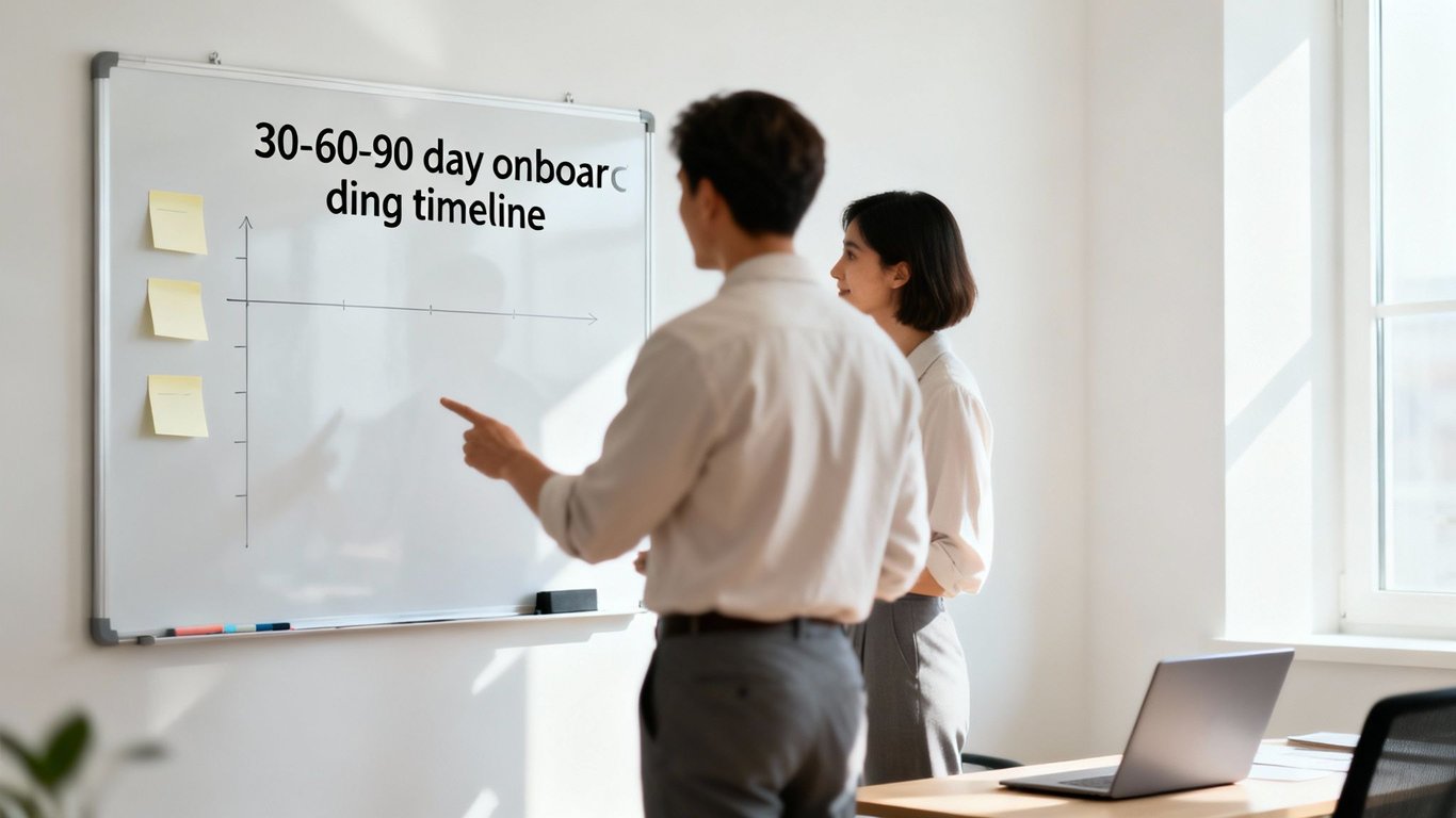Two professionals discuss a 30-60-90 day onboarding timeline on a whiteboard in an office.