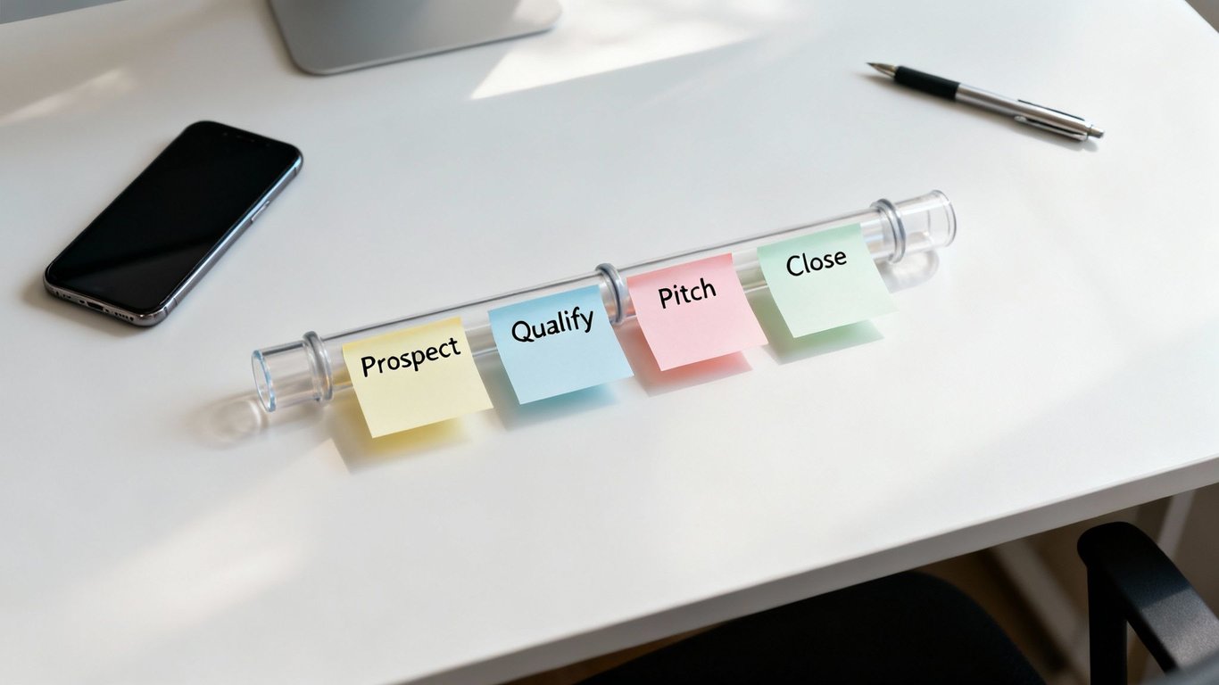 Sales process steps 'Prospect, Qualify, Pitch, Close' on colorful sticky notes attached to a tube on a white desk.