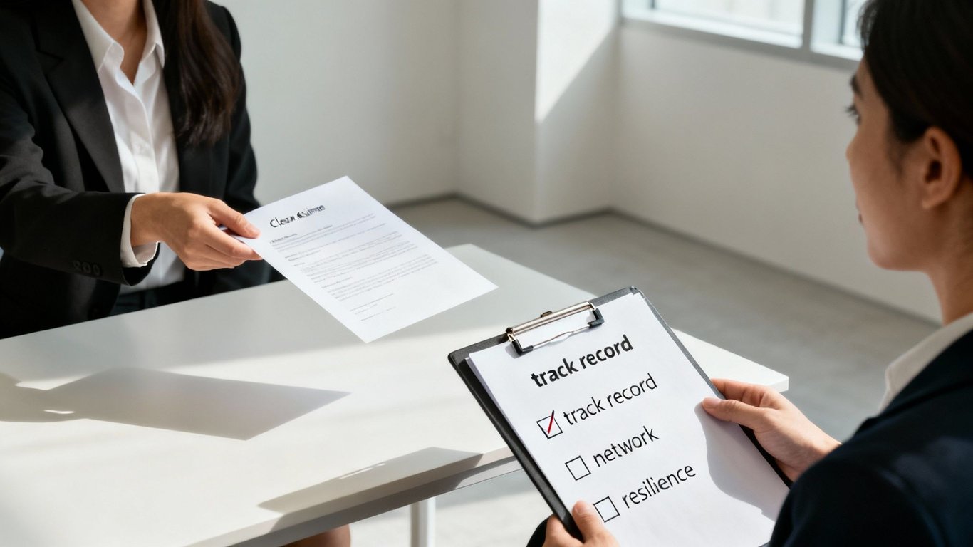 A job applicant hands a resume to an interviewer checking 'track record' on a clipboard.