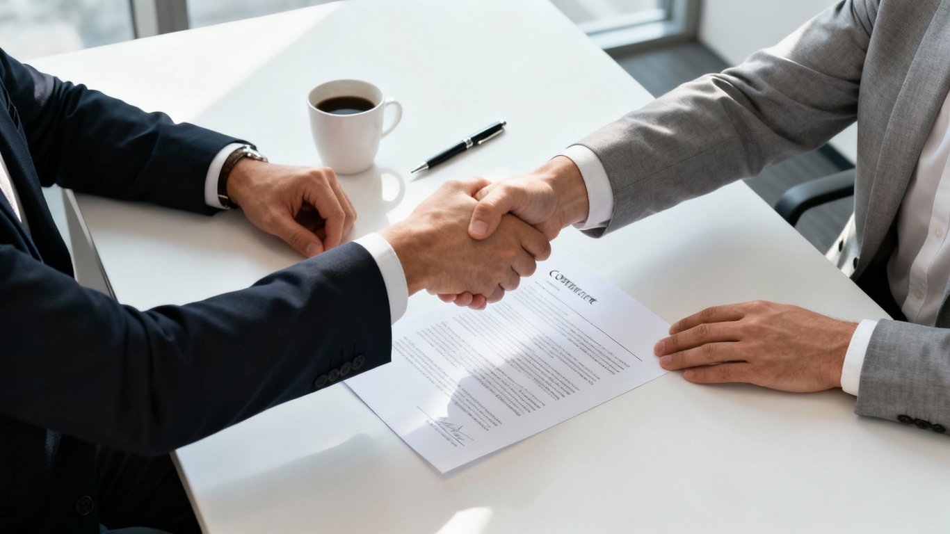 Two businessmen shaking hands over a signed contract, symbolizing a successful business agreement.