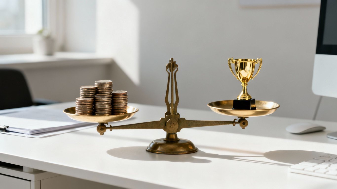 A brass balance scale weighs stacks of coins against a gleaming golden trophy on a white desk.