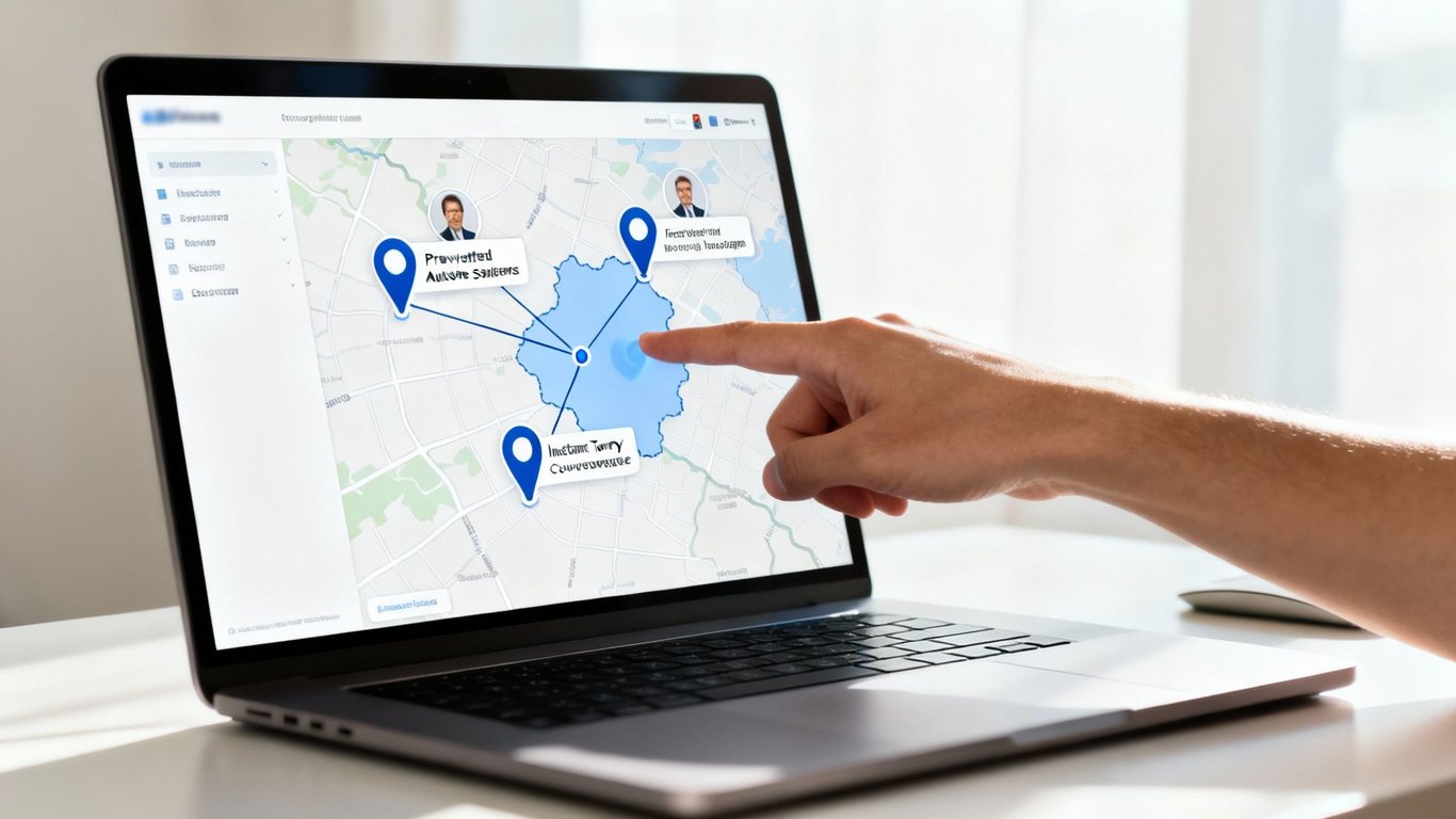 A hand interacts with a laptop screen displaying a map with several automotive sales rep locations.