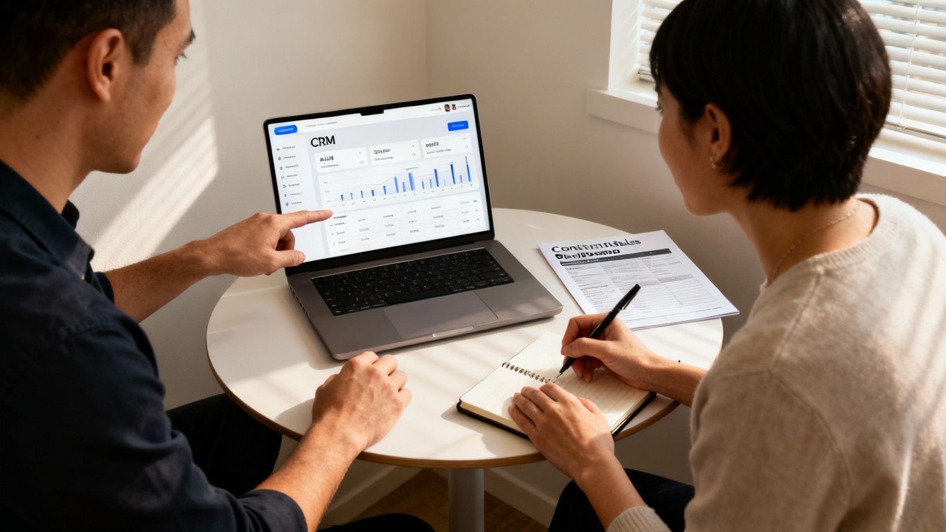 Two professionals review CRM data on a laptop, one points while the other takes notes.