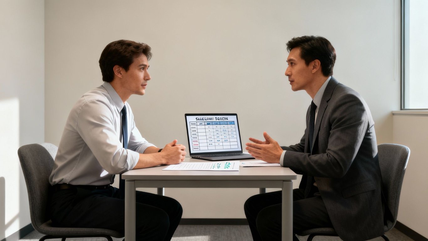 Two professional men in business attire discuss sales data on a laptop in a modern office.