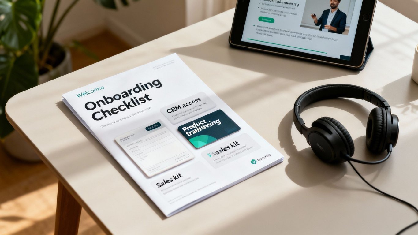 A desk with an onboarding checklist document, a tablet showing a training video, and black headphones.