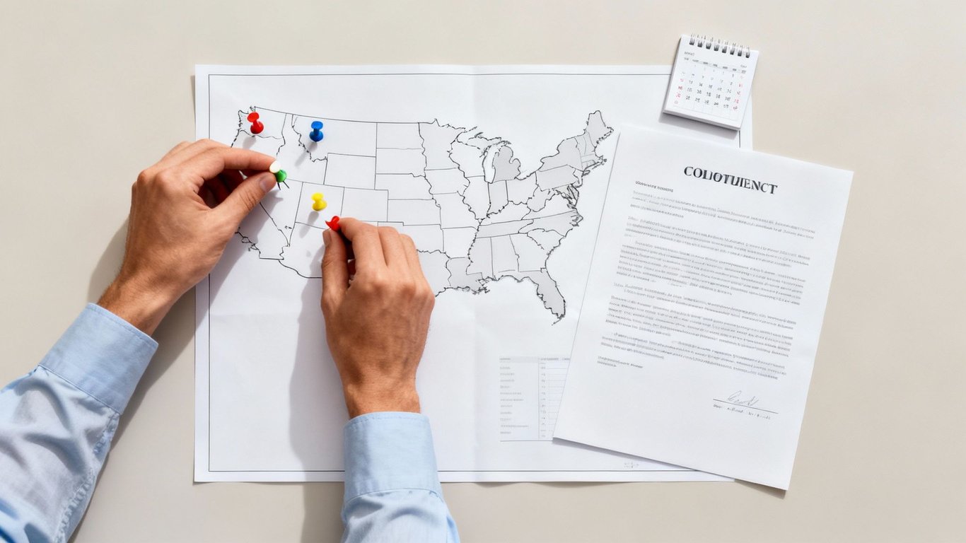 Hands pinning locations on a US map for strategy or sales, with a document and calendar.