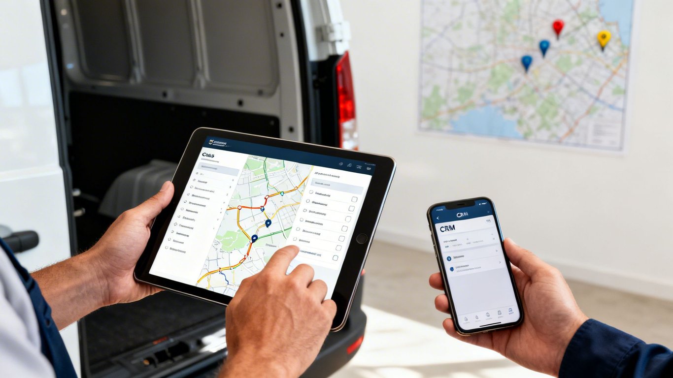 Hands use a tablet and smartphone displaying route optimization software for delivery services.