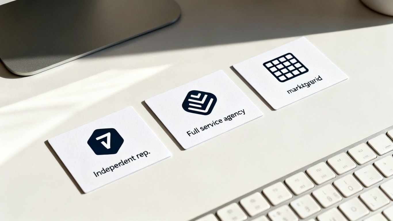 Three white business cards with dark blue logos and text for independent reps and agencies on a desk.