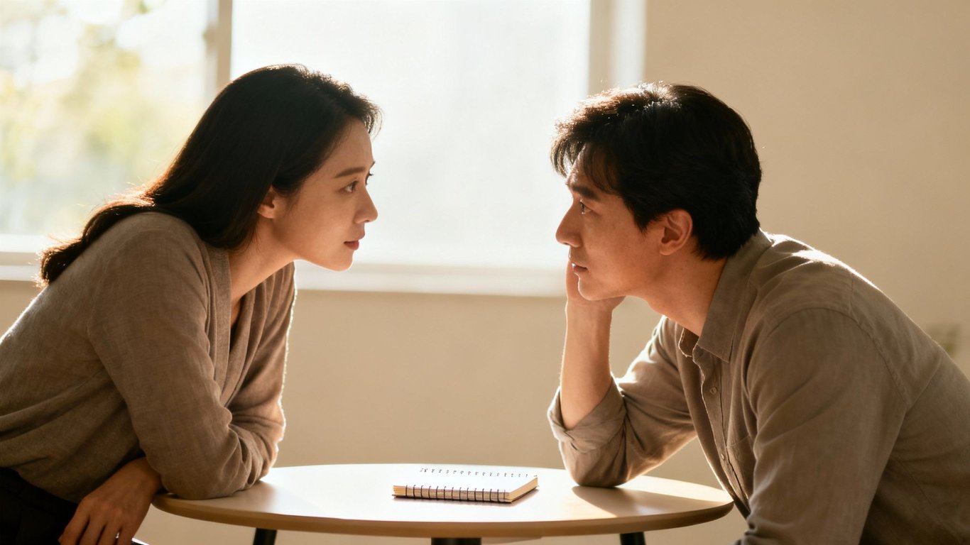 A man and woman intensely look at each other across a table with a notebook, engaged in discussion.