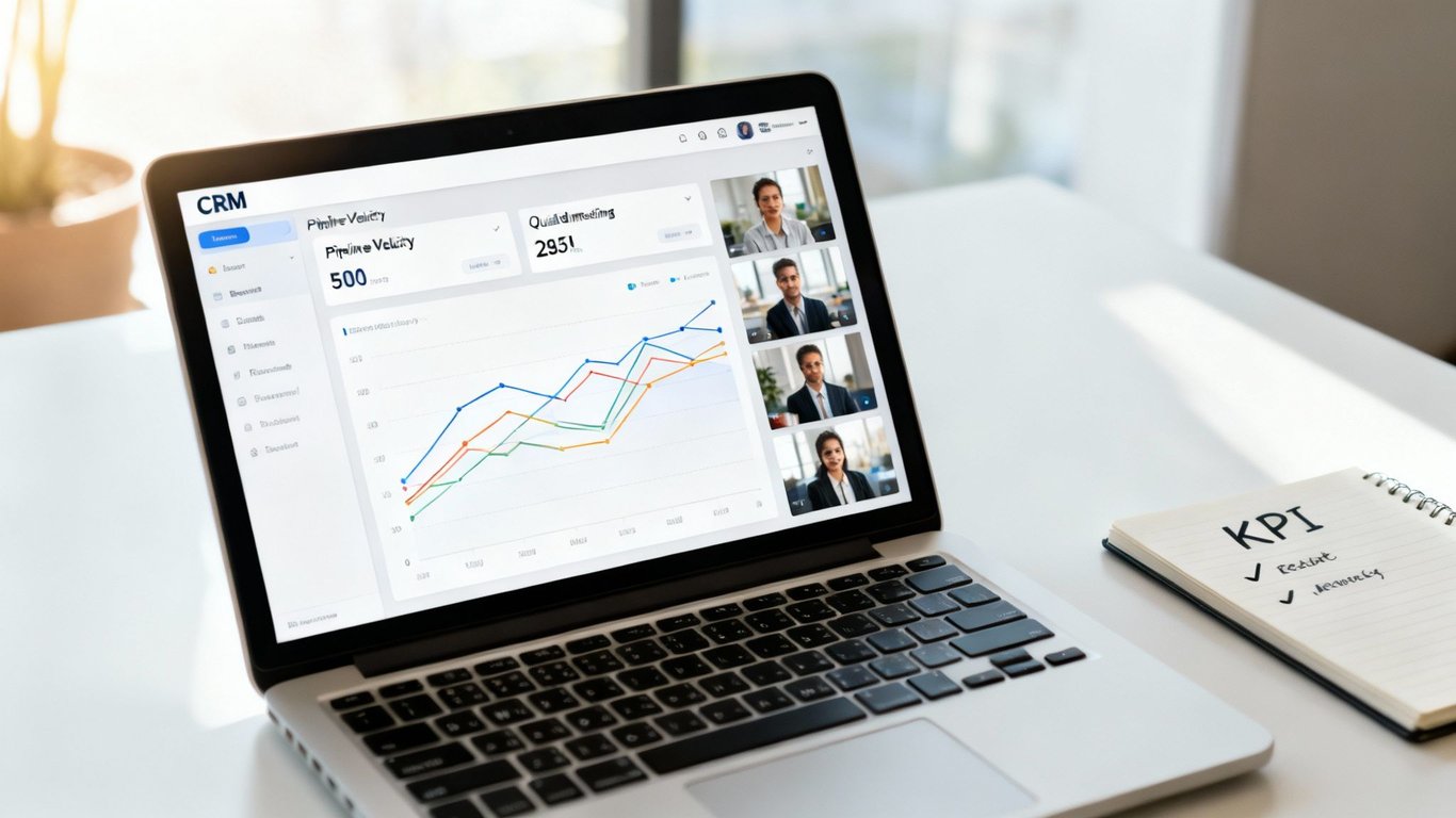 Laptop displaying a CRM dashboard with sales analytics and a video conference, next to a notebook with 'KPI'.