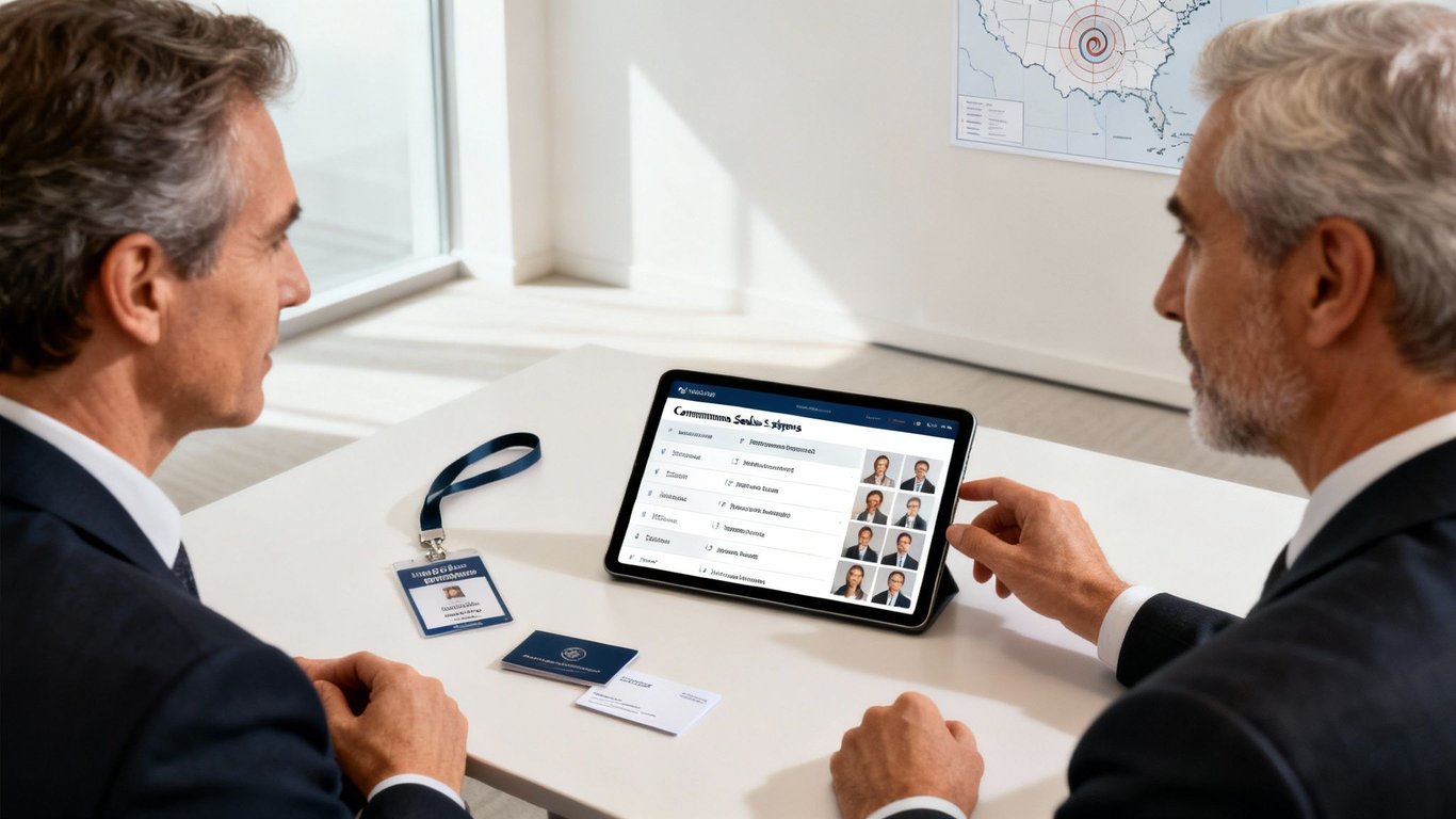 Two businessmen review employee profiles on a tablet, with an ID badge and map on the wall.