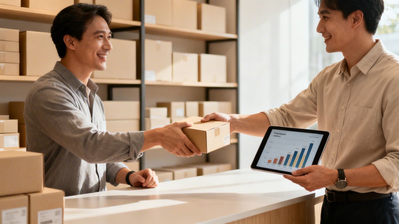 Two smiling Asian men exchanging a package in a warehouse with a tablet displaying sales data.