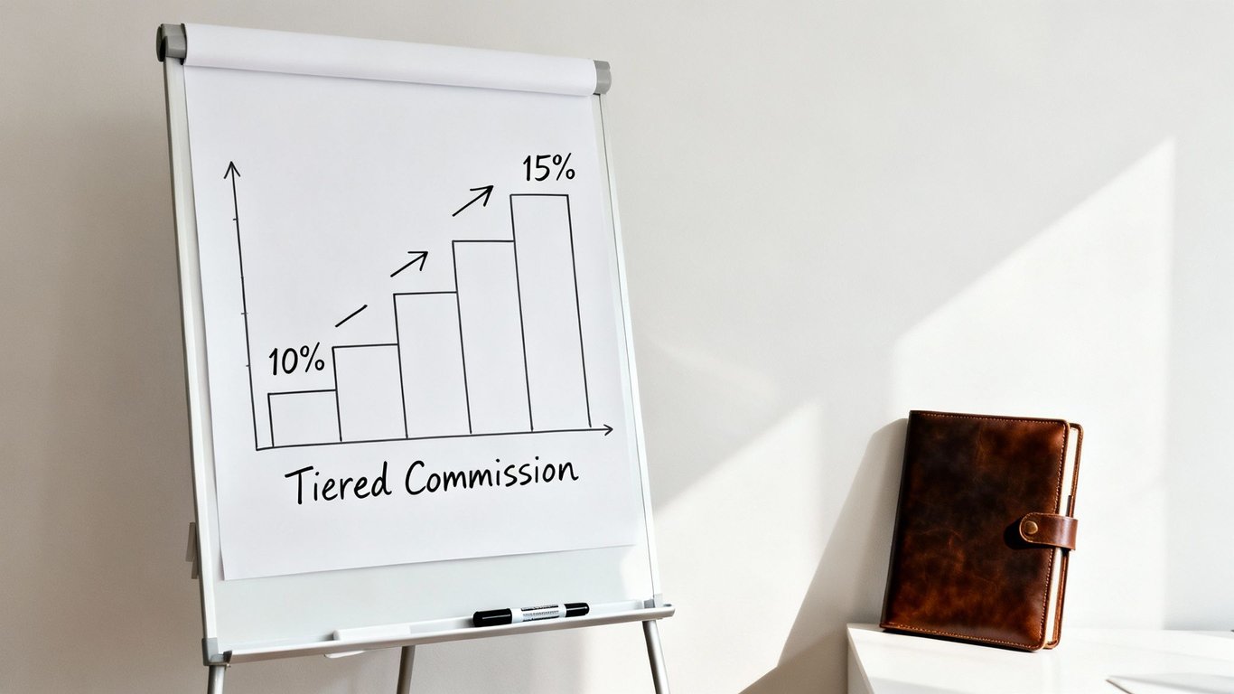 A whiteboard displays a tiered commission bar graph increasing from 10% to 15%, next to a leather notebook.