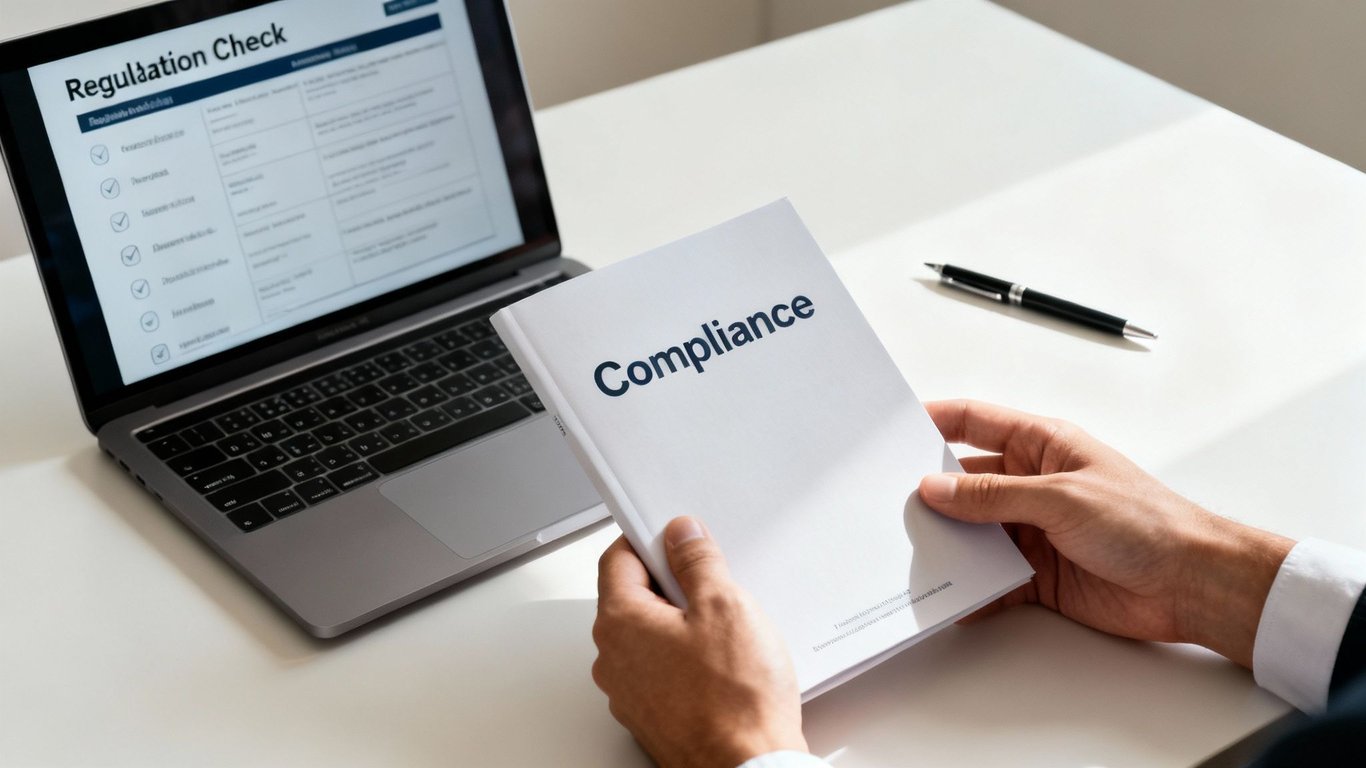 A person holds a 'Compliance' book next to a laptop displaying a 'Regulation Check' screen.