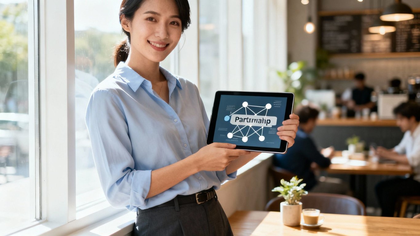 A smiling woman holds a tablet displaying a 'Partnership' network diagram in a cafe.