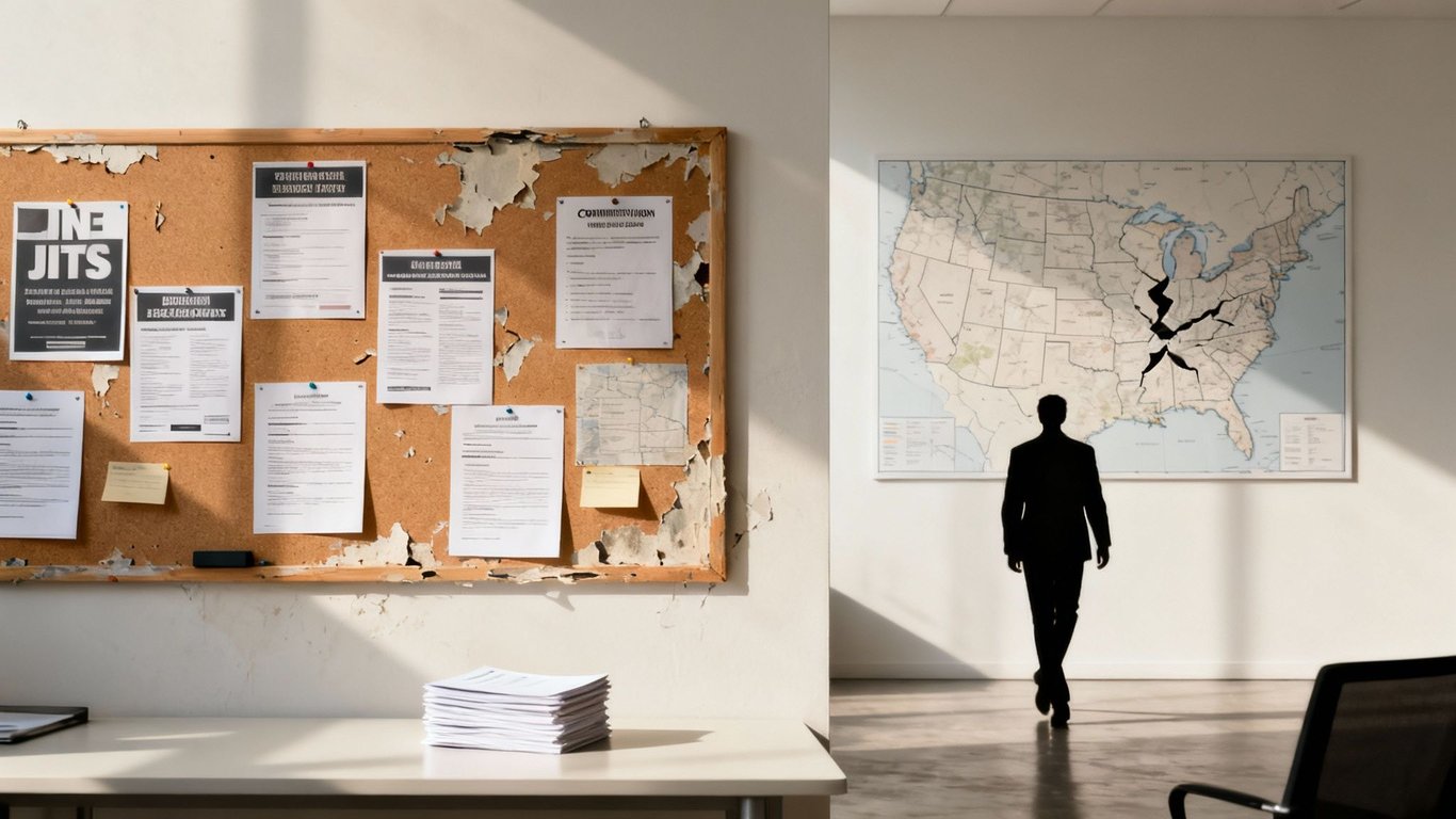 A bulletin board with peeling paint and documents, opposite a cracked map of the US with a man walking towards it.