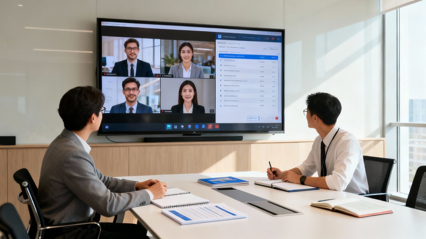 Two professionals in a modern office watching a video conference with remote colleagues on a large screen.