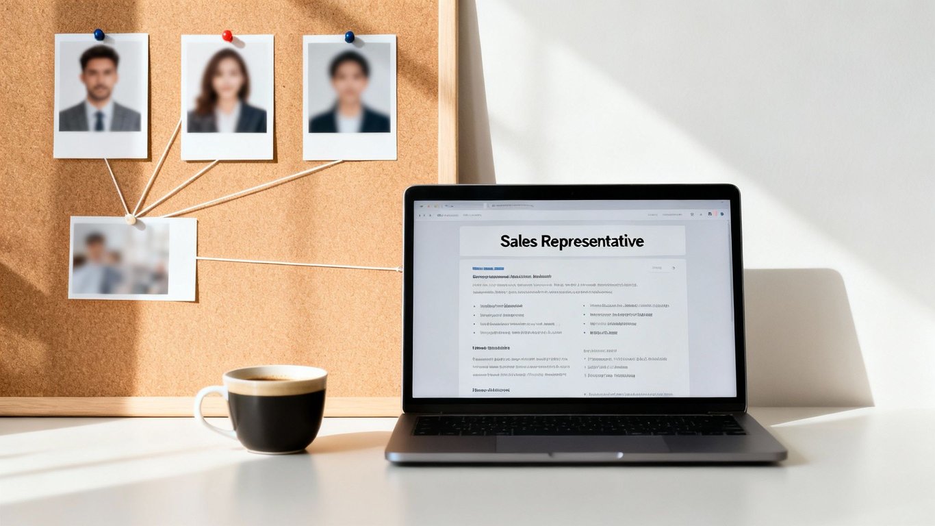 Cork board with connected blurred portraits, a laptop displaying "Sales Representative" information, and a coffee cup.