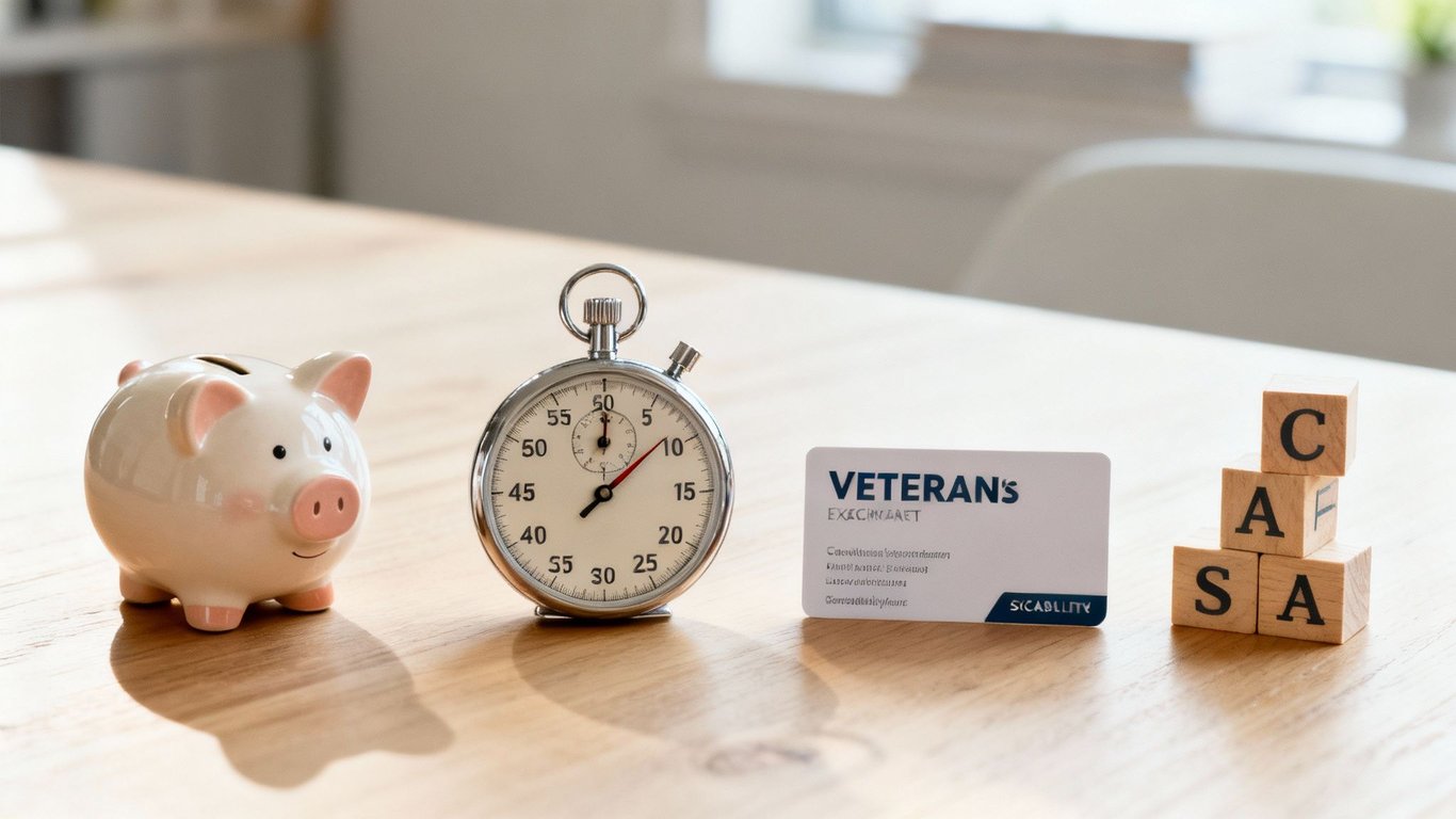 A piggy bank, stopwatch, 'VETERAN'S' card, and 'CASA' blocks on a wooden table, symbolizing veteran benefits and finances.