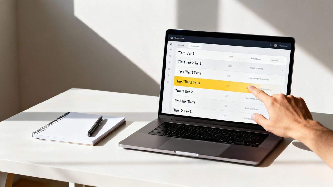 Person's hand interacts with a laptop screen displaying a tier-based list, with a notebook nearby.