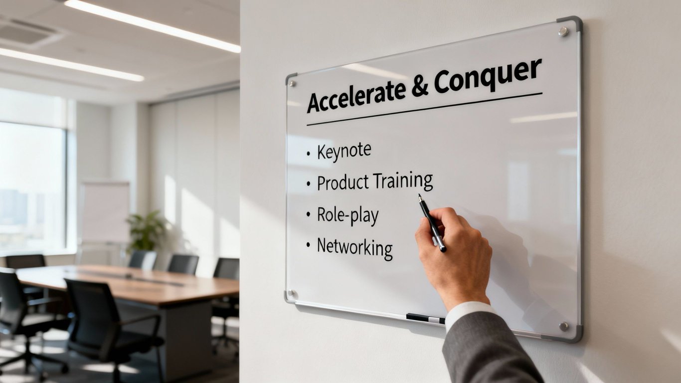 A hand writes on a whiteboard listing tasks for an event: Keynote, Product Training, Role-play, Networking, in an office.