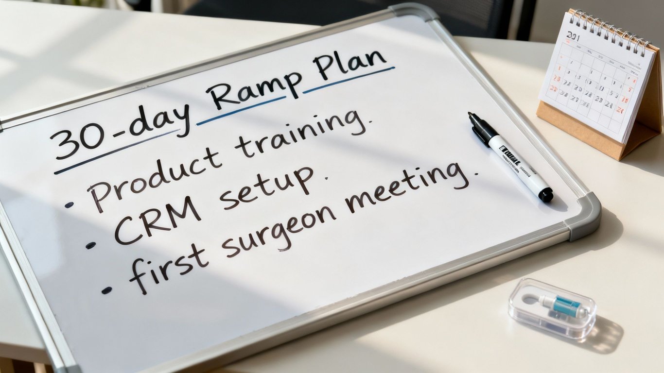Whiteboard detailing a "30-day Ramp Plan" with product training, CRM setup, and first surgeon meeting.