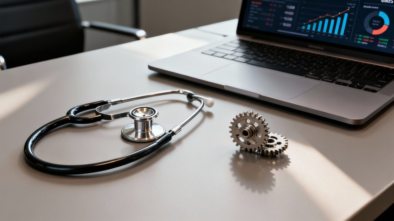 A stethoscope and two interlocking gears on a desk next to a laptop displaying financial charts.