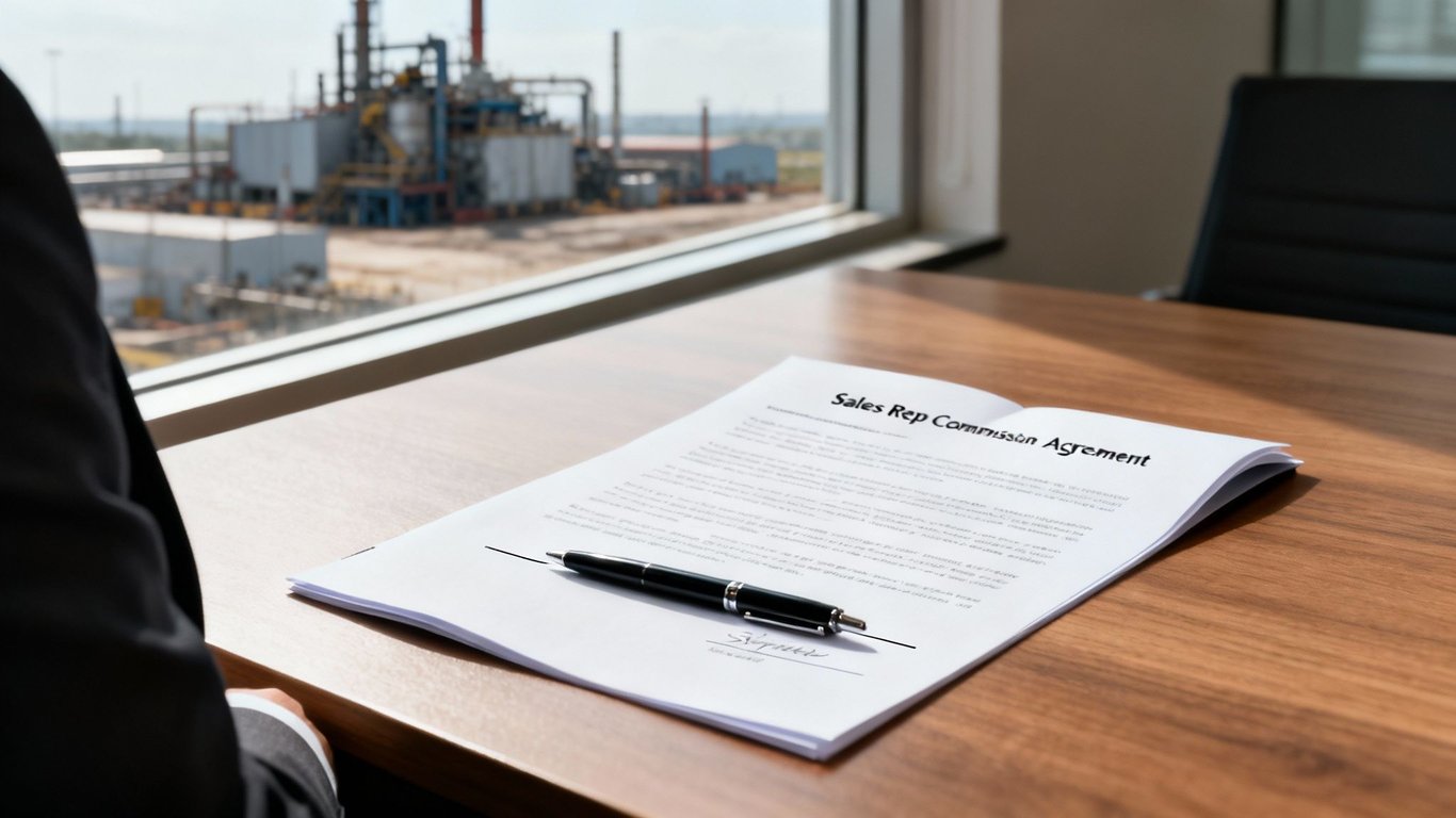 A person in a suit reviews a Sales Rep Commission Agreement with a pen on a desk, overlooking an industrial plant.