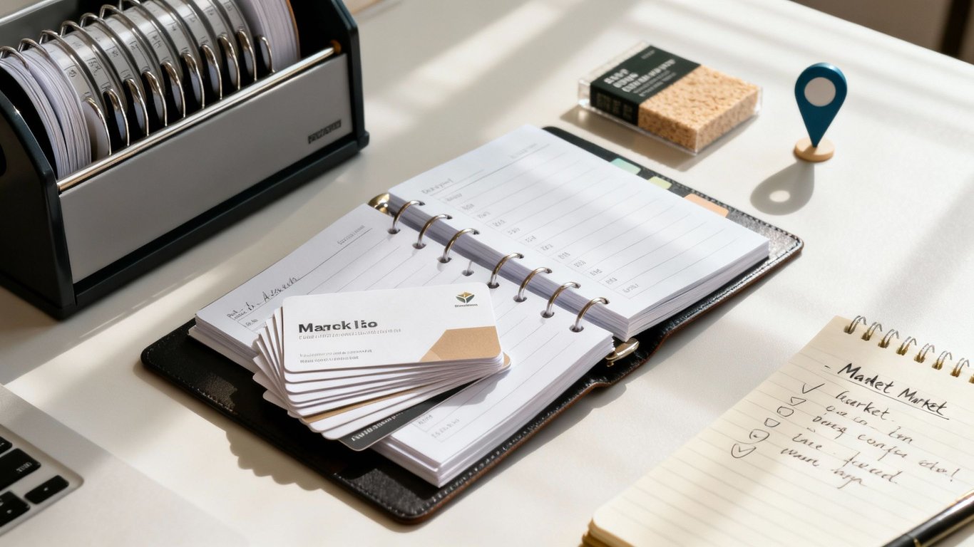 A sunny workspace with an open ring-bound planner, a stack of business cards, and a checklist notebook.