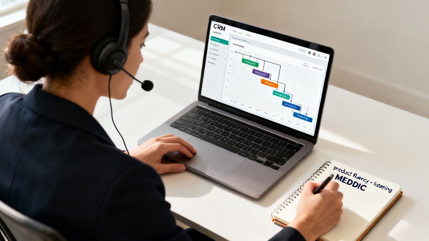 A sales representative in a headset using a laptop with CRM software and taking notes on MEDDIC methodology.