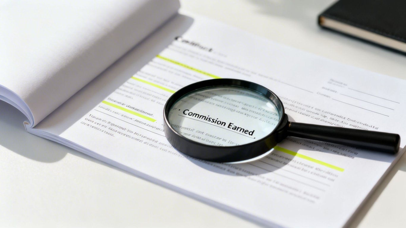 A magnifying glass rests on a business contract document, highlighting the words 'Commission Earned'.