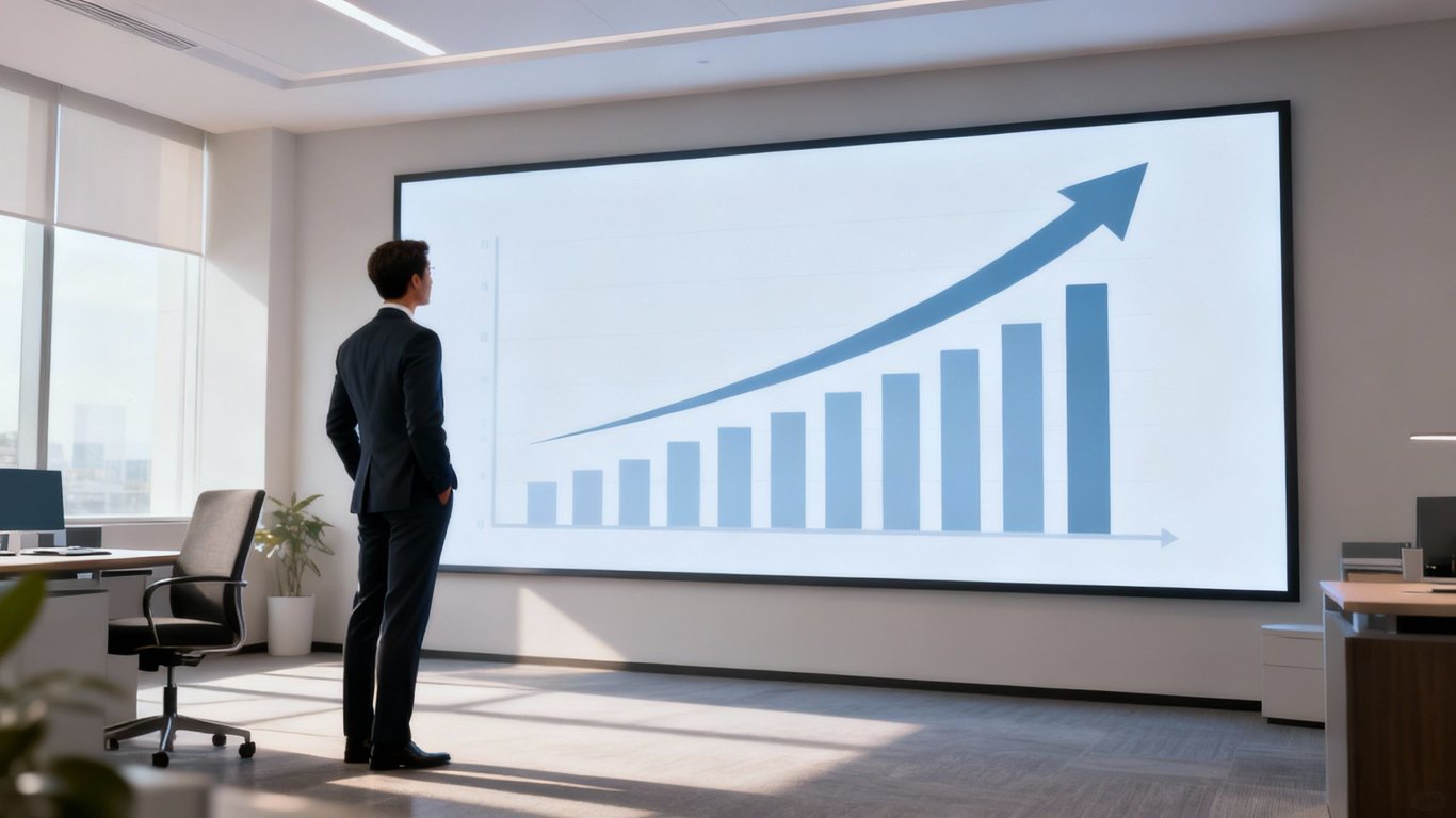 A businessman in a suit stands in an office, looking at a large screen displaying a rising bar graph.