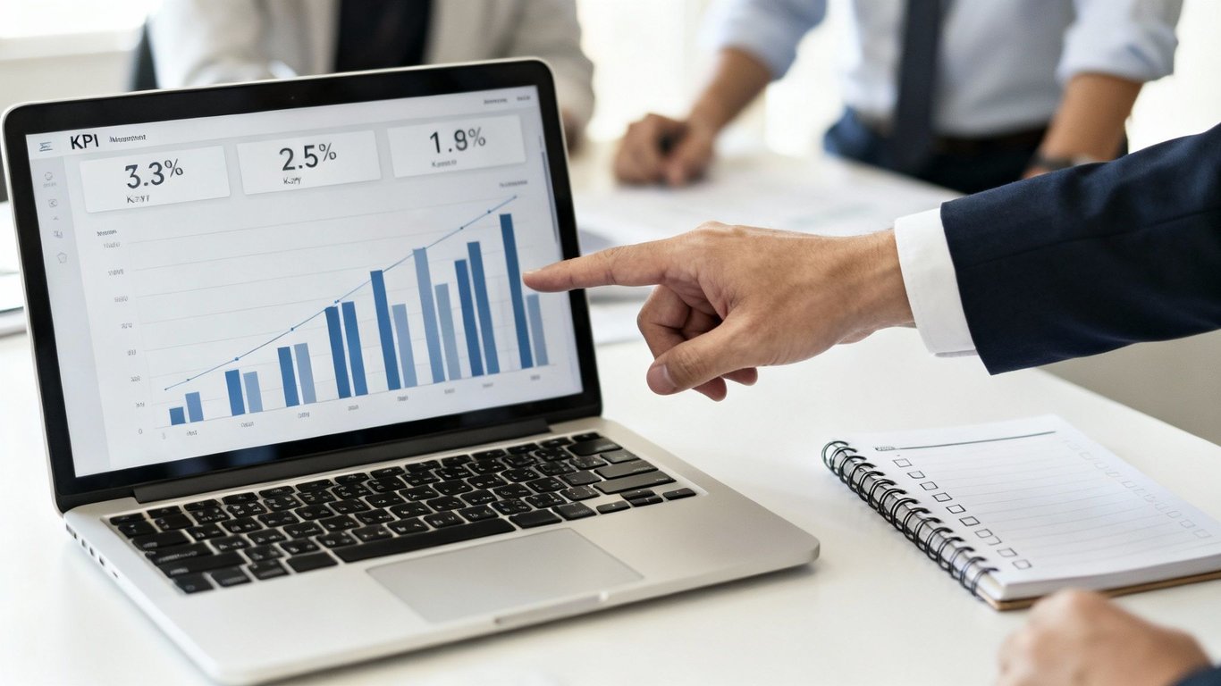 A person's hand points at a laptop screen showing business KPIs and a growth graph during a meeting.