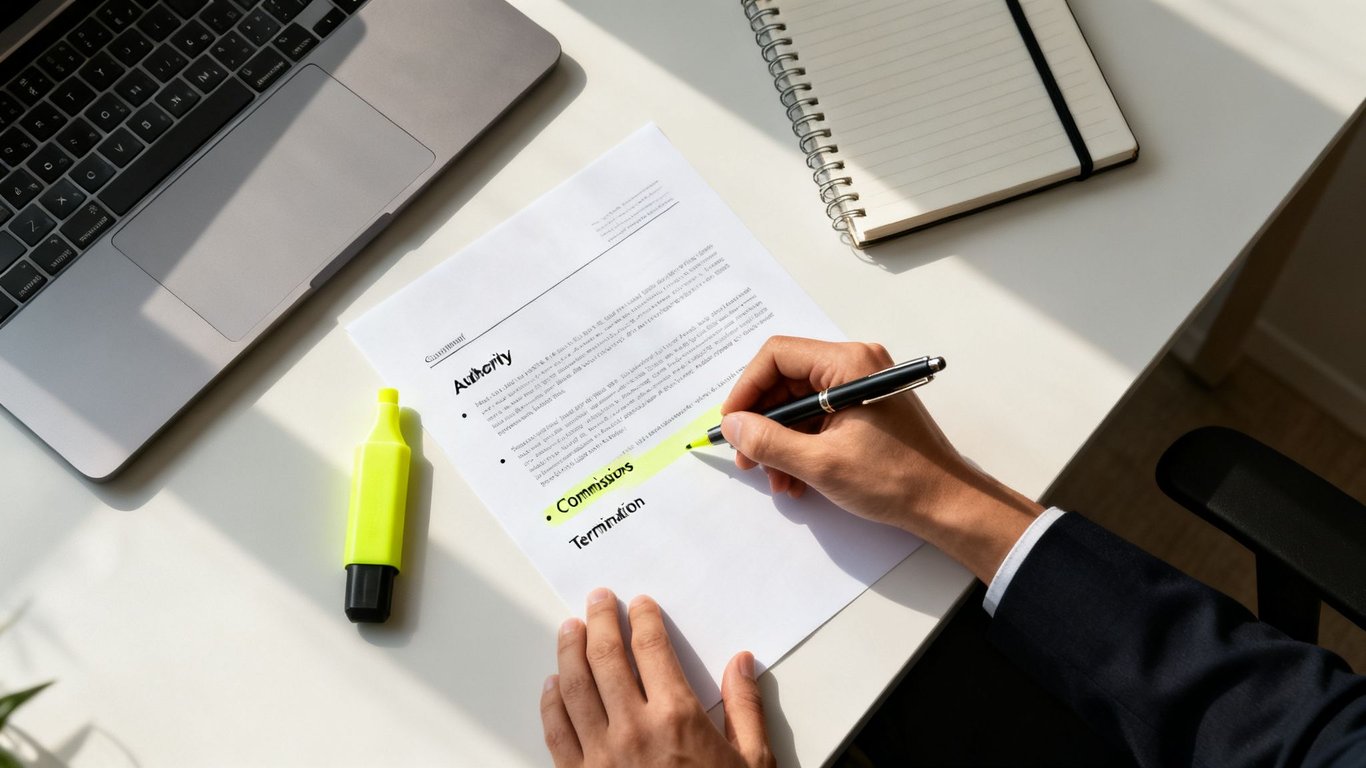 Person highlighting 'Commissions' on a document detailing contract terms, with a laptop and notebook nearby.