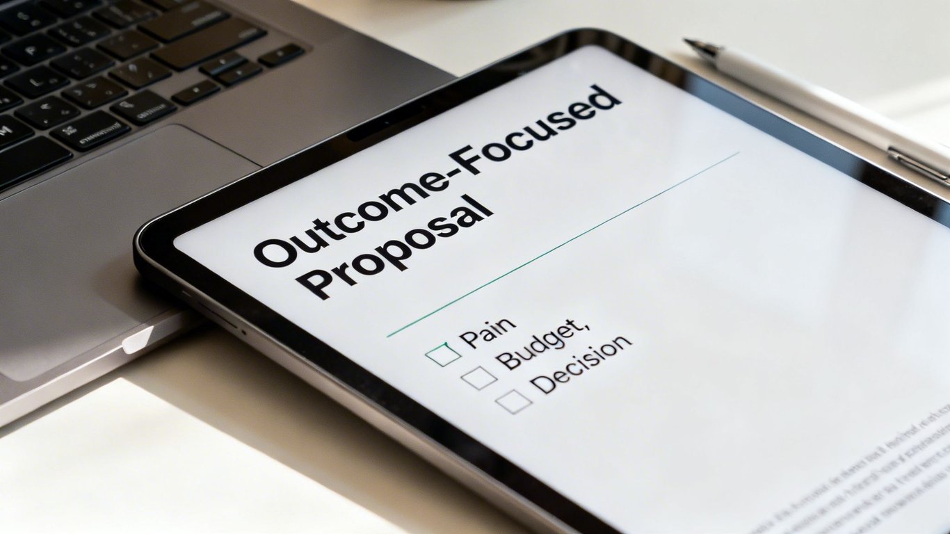 A tablet displays an "Outcome-Focused Proposal" with checkboxes, resting on a laptop next to a stylus.