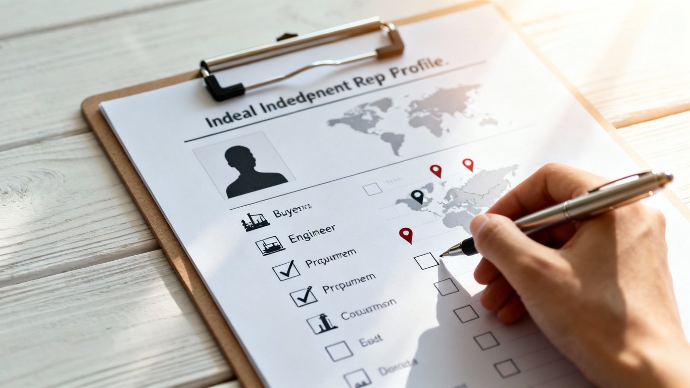 A person's hand with a pen fills out an 'Ideal Independent Rep Profile' form on a clipboard.