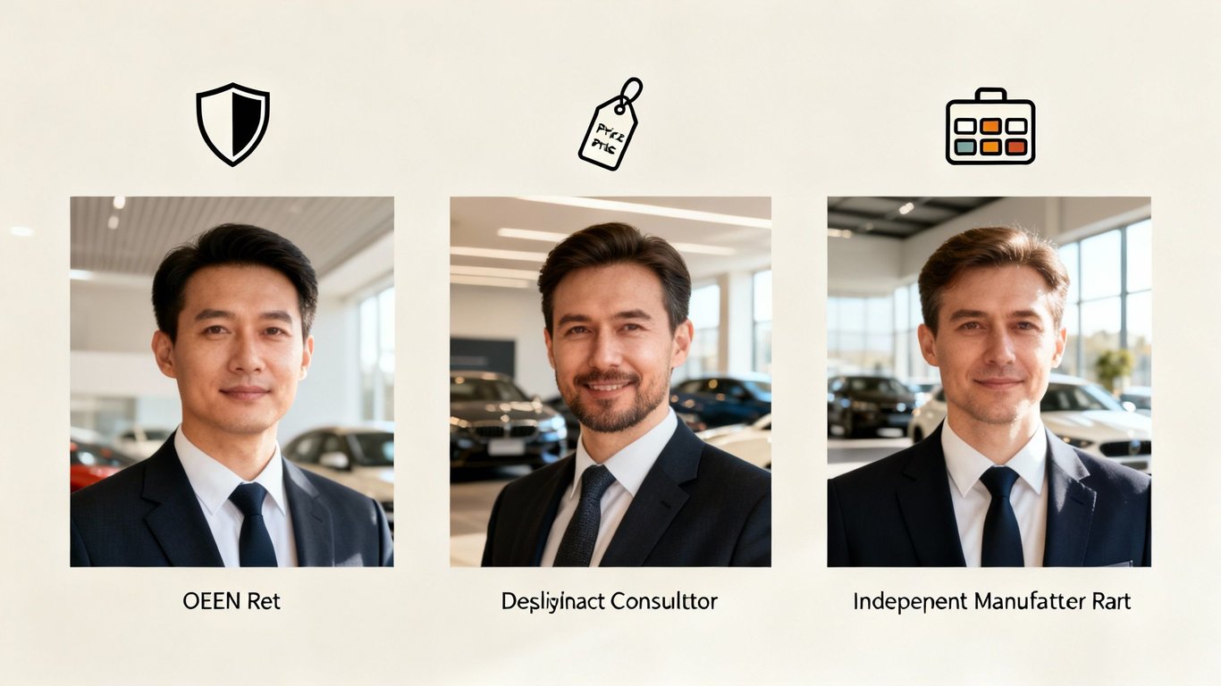 Three male automotive sales representatives in a modern car showroom, each with a different role icon.