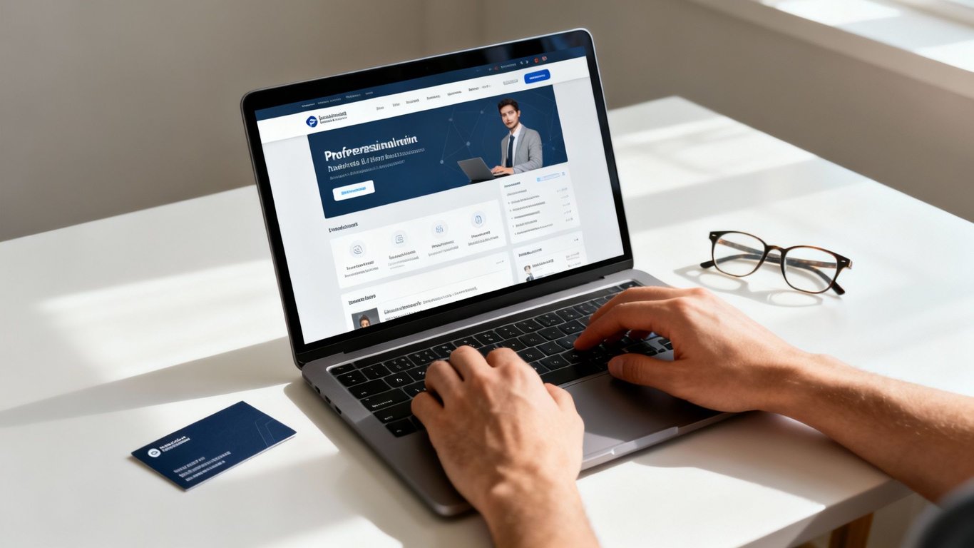 Person typing on a laptop displaying a business website, with glasses and a card on a white desk.