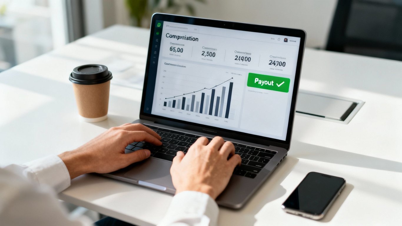 Person typing on a laptop displaying a sales compensation dashboard with growth charts and payout.
