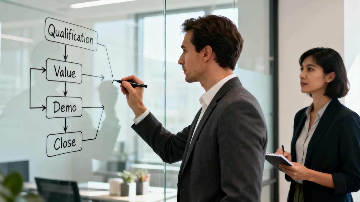 Two business professionals discussing a sales flowchart on a glass board in a modern office.