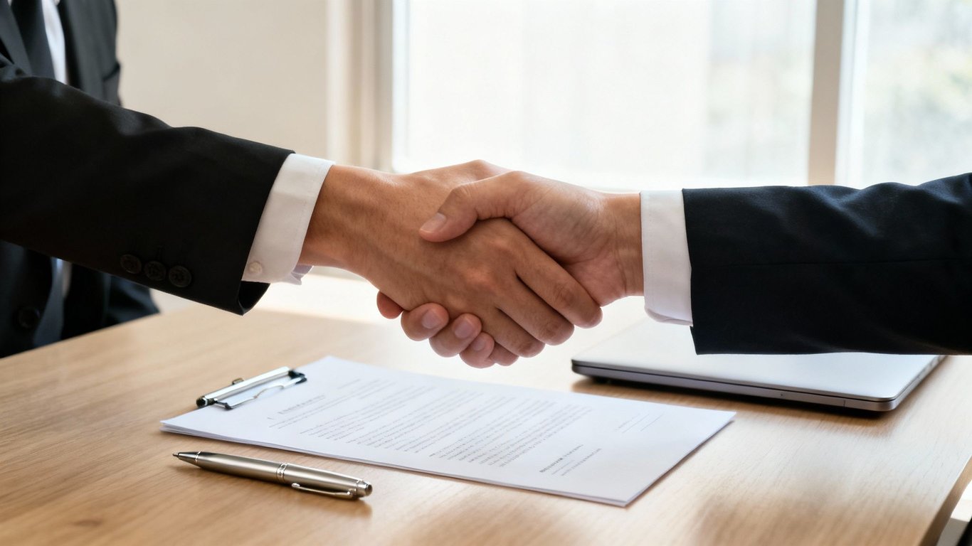 Two business people in suits shaking hands over a contract and pen on a wooden desk.