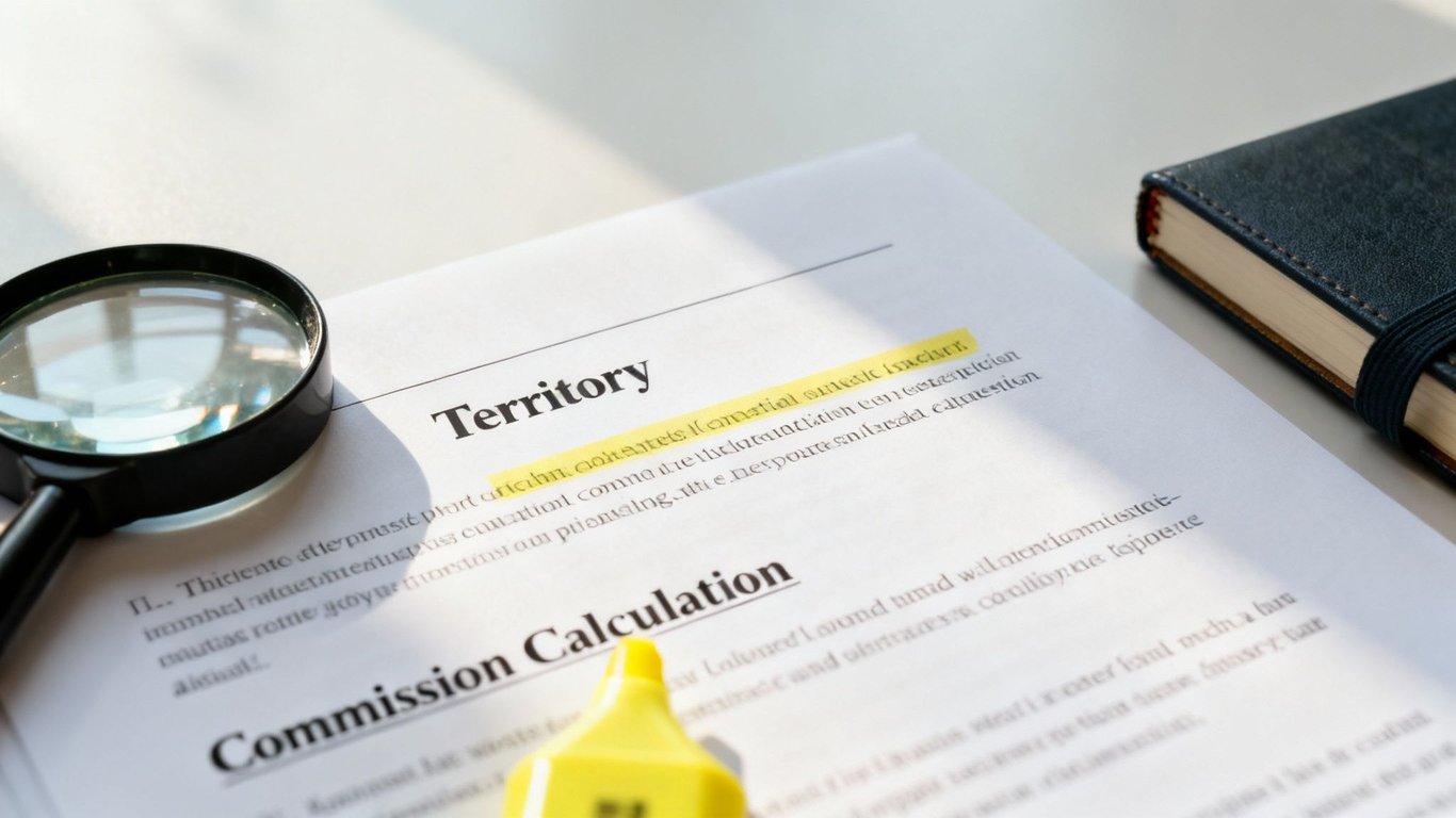 A document highlighting 'Territory' and 'Commission Calculation' with a magnifying glass and a highlighter.