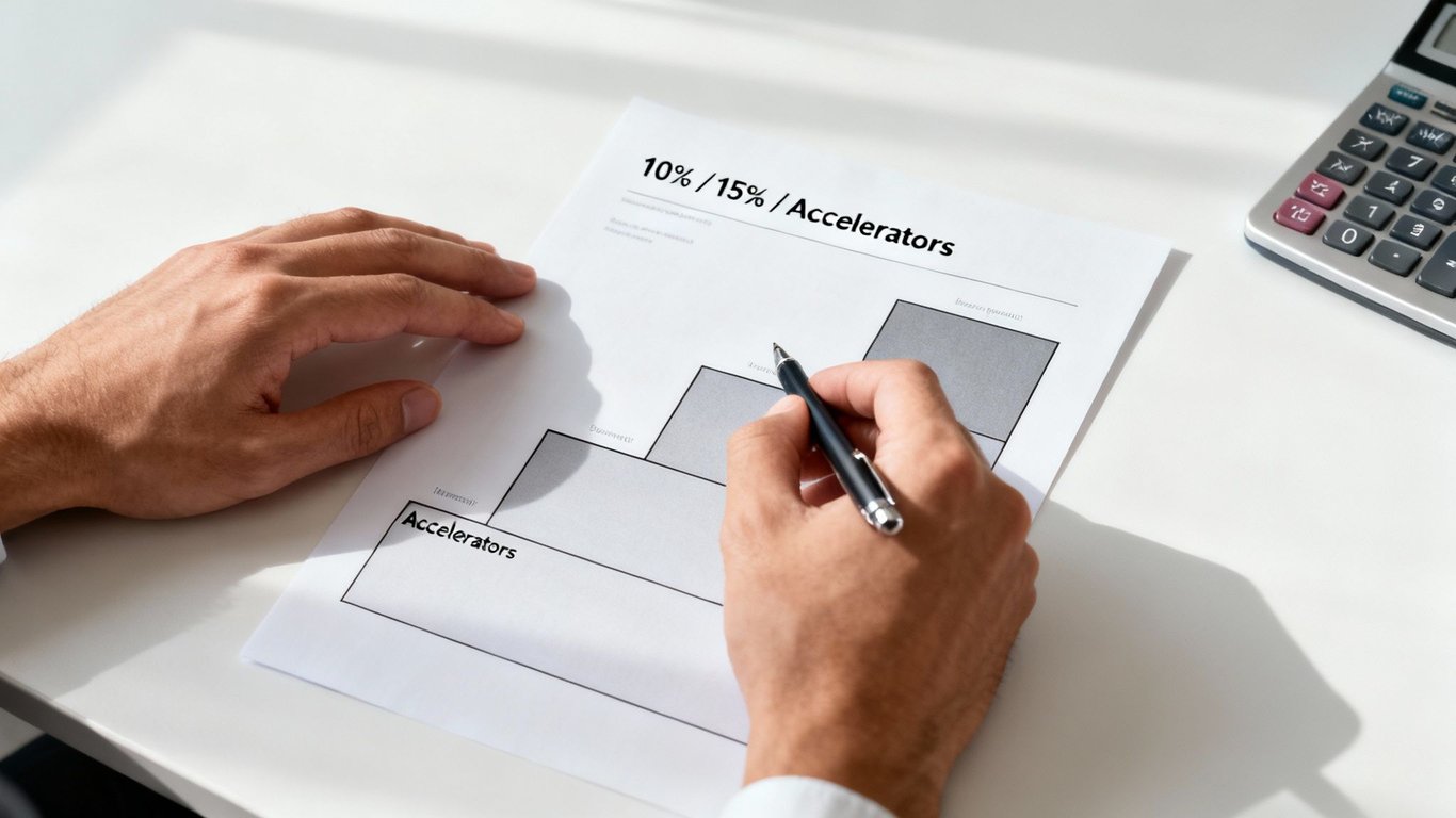 A person's hands analyze a document with a bar graph showing accelerators and percentages next to a calculator.