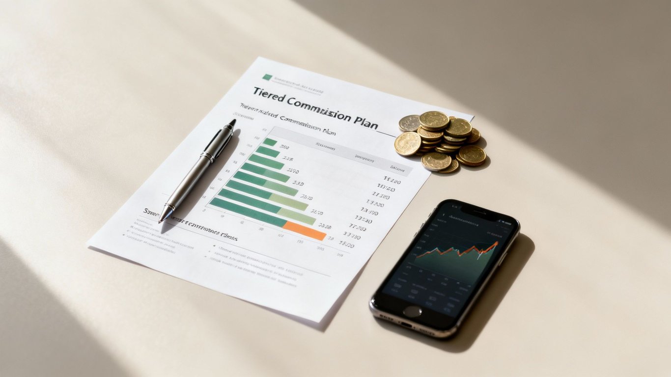 A document titled 'Tiered Commission Plan' with a pen, gold coins, and a smartphone displaying a financial graph.
