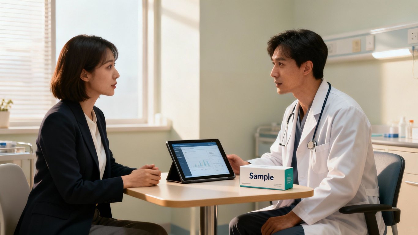 A male doctor in a white coat consults with a female professional in a suit, with a tablet and a "Sample" box on the table.